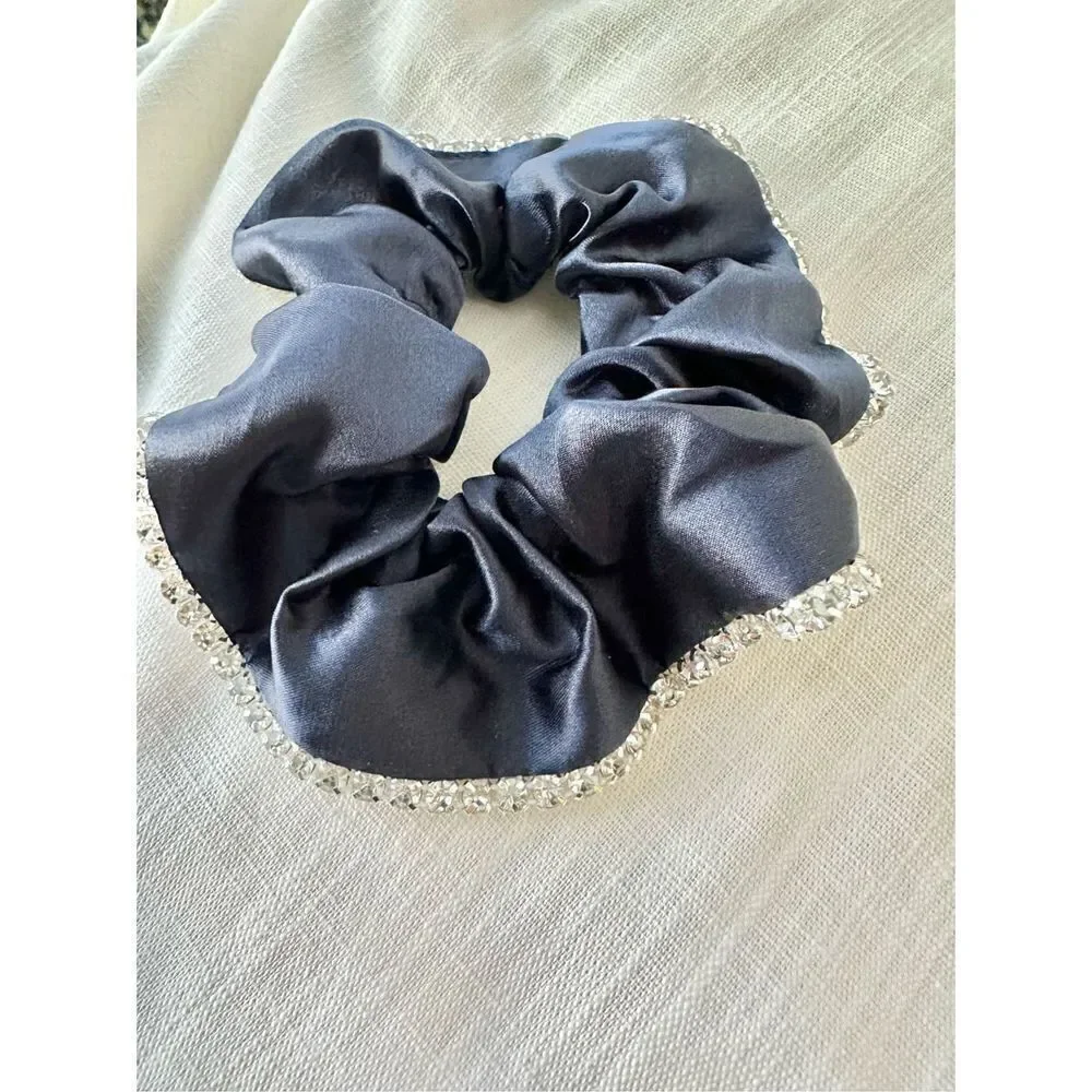Navy satin hair scrunchie with rhinestone trim